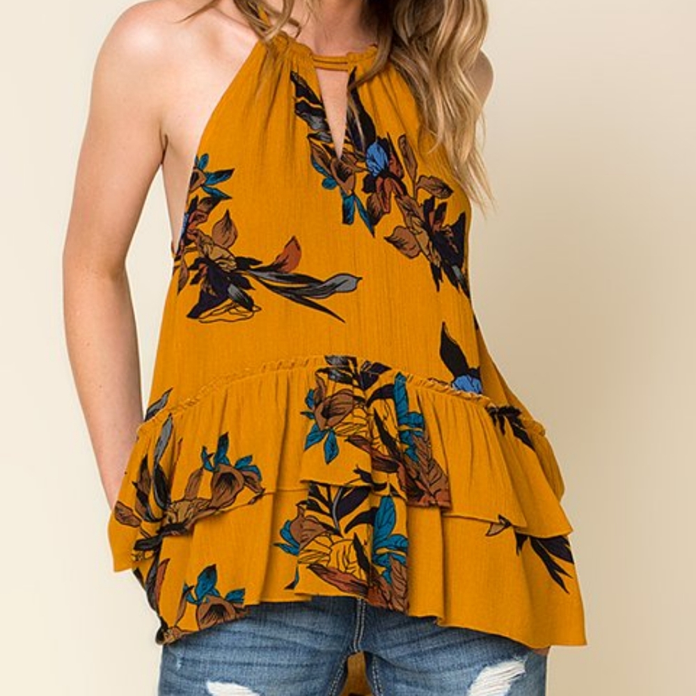 Miss Me mustard yellow floral halter tank M ruffle